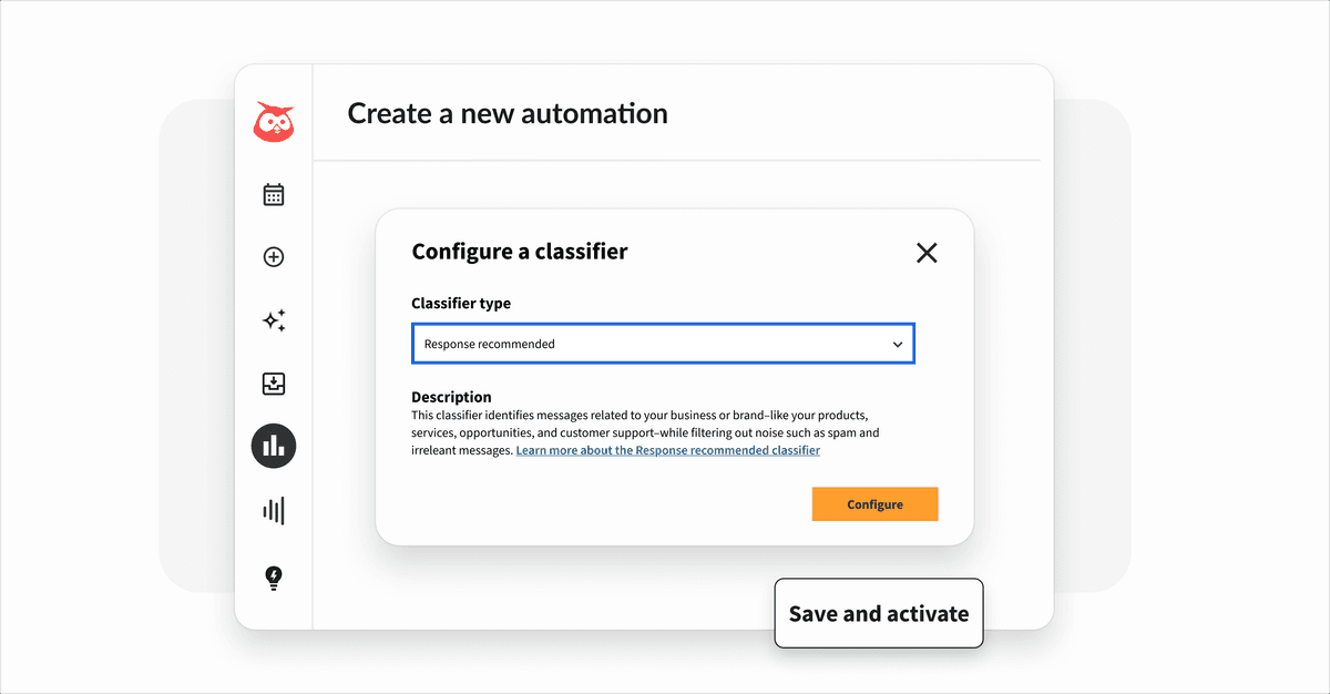 Interface showing classifier configuration with Response recommended type selected and orange Configure button at bottom